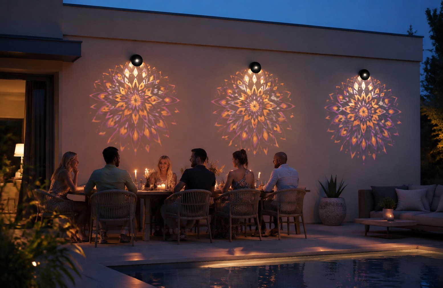 Terrasse éclairée par trois lampes solaires Celiouh au crépuscule