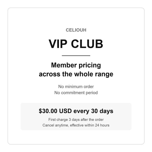 Celiouh VIP Club — member pricing, $30.00 USD every 30 days, cancel anytime